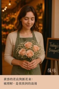 花藝設計師在黃昏的花店門口捧著花束，象徵重新被愛的開始