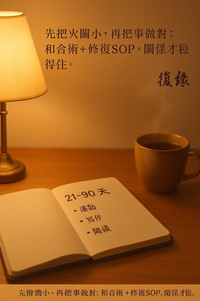 溫暖桌燈下的筆記本寫著21–90天計畫與熱茶，象徵和合術先降溫再配合修復SOP的行動步驟