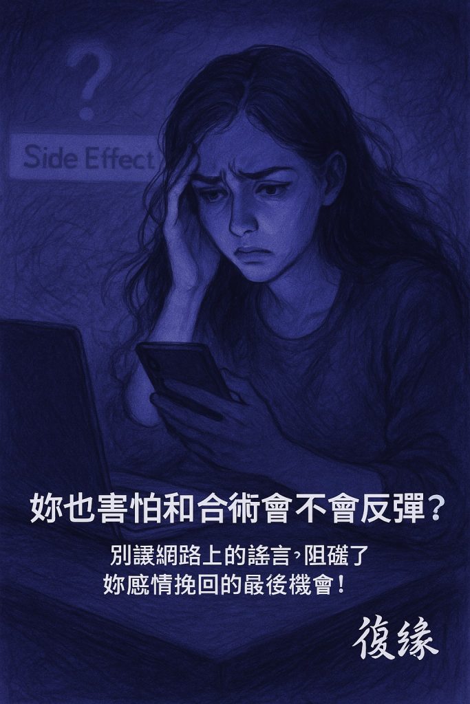 "女性焦慮地搜索和合術反彈副作用資訊，代表讀者對法術風險的擔憂"