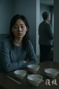 "媳婦面露委屈，家裡客廳空間卻顯得疏遠，暗示婆媳溝通障礙"