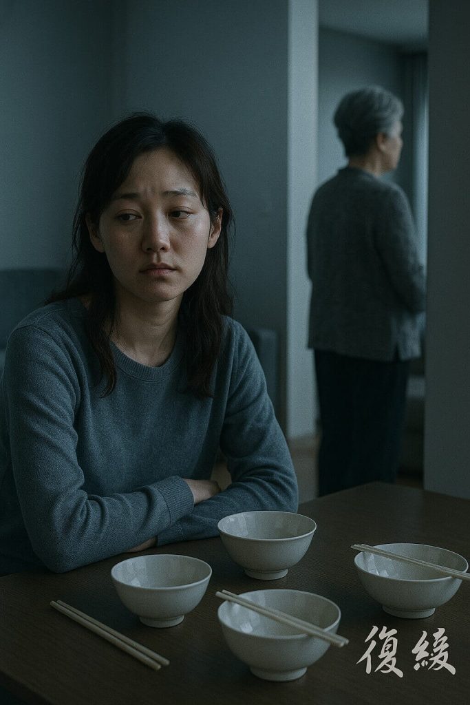 "媳婦面露委屈，家裡客廳空間卻顯得疏遠，暗示婆媳溝通障礙"