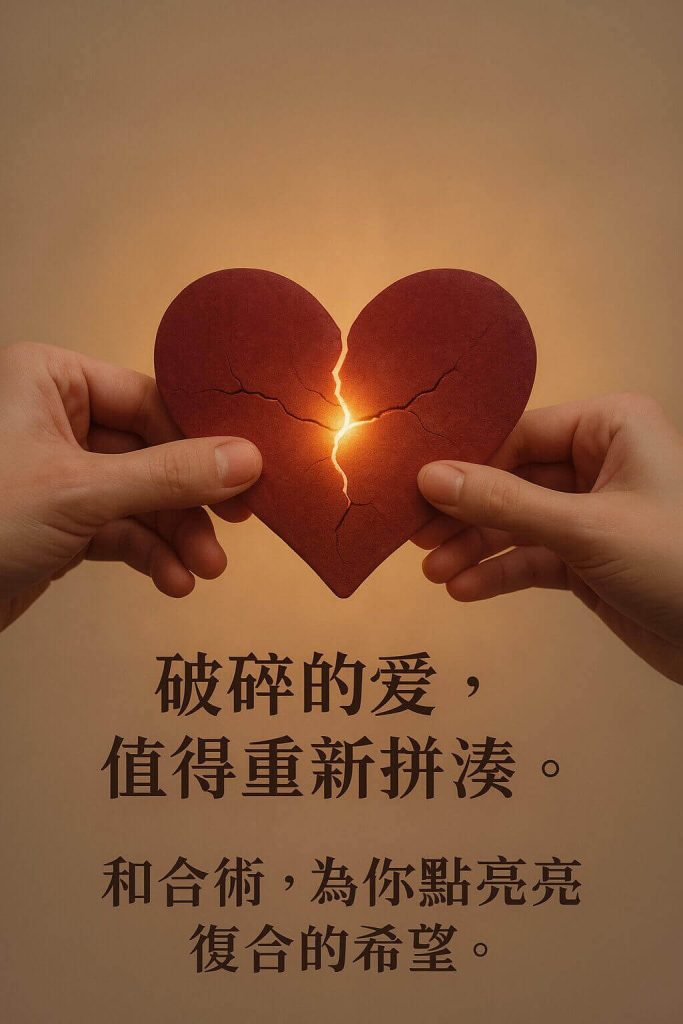 分手後感情復合的希望，兩隻手正在拼湊破碎的心，象徵和合術修復感情破裂。復緣 fukuen.tw。