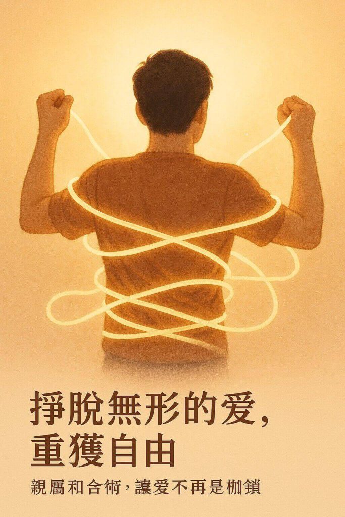 擺脫父母情緒勒索的成年子女背影,在光明中解開無形束縛,象徵親屬融合和合術解套。復緣 fukuen.tw。