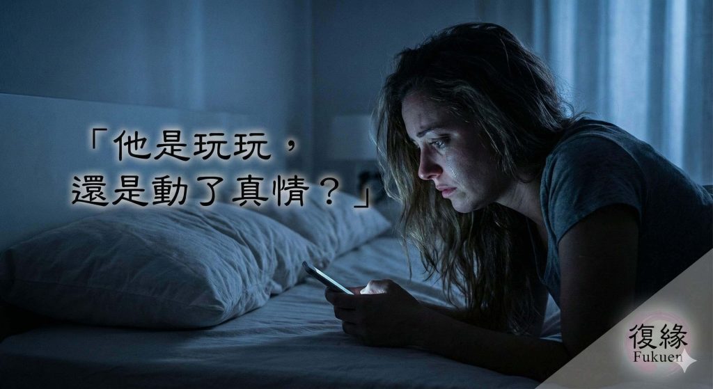 妻子深夜看著手機懷疑老公外遇，感到焦慮與孤單，尋求婚姻挽回協助。