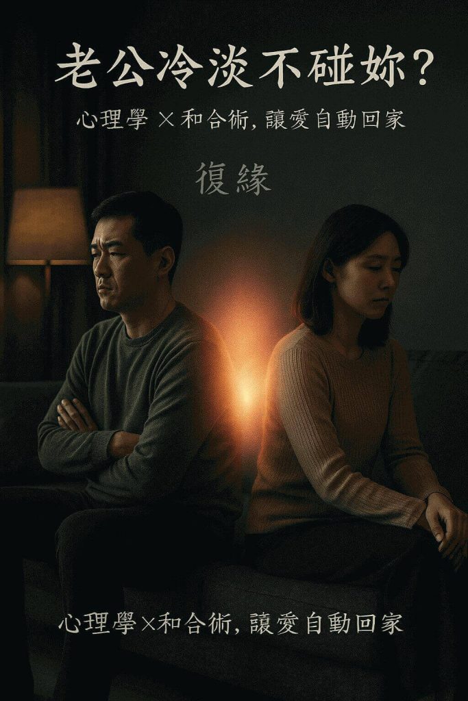 夫妻冷戰分居坐在沙發上，中間有象徵夫妻和合術的溫暖光芒修復關係。