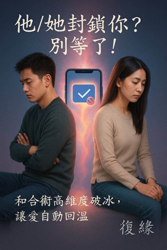 一對情侶背對背冷戰，中間手機顯示被封鎖，象徵感情和合術能量介入破冰挽回。