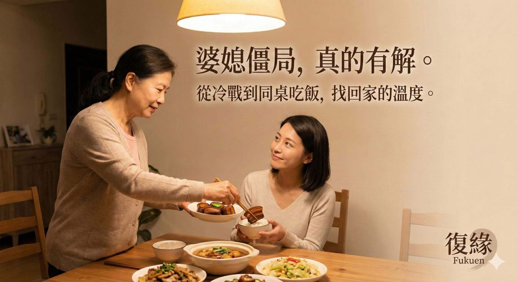 透過復緣婆媳和合術化解衝突後，婆婆與媳婦開心地在餐桌上吃紅燒肉，氣氛溫馨和樂。