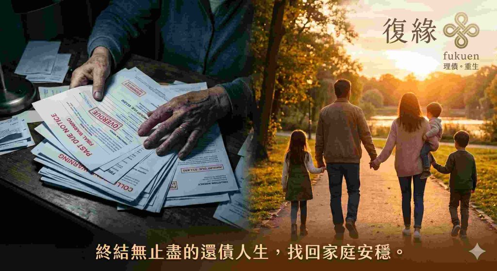 說明：結合了「家庭債務解決」、「開運法術」以及「復緣」品牌字。