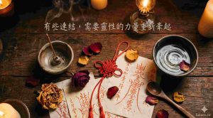 和合術靈性能量儀式象徵圖，紅線與燭光代表修復親子情感連結的靈性引導