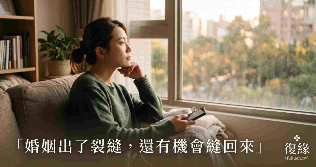 女性坐在窗邊望著手機,神情憂慮,正面對婚姻外遇危機,尋求外遇婚姻和合協助